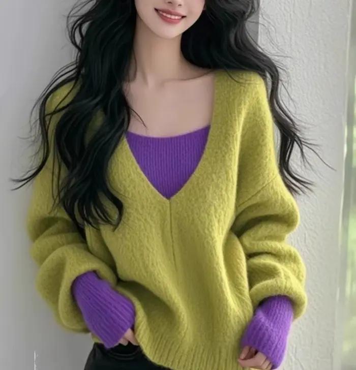 Pull à col en v de couleur contrastée pour femmes, haut tricoté deux pièces, nouvelle collection aut