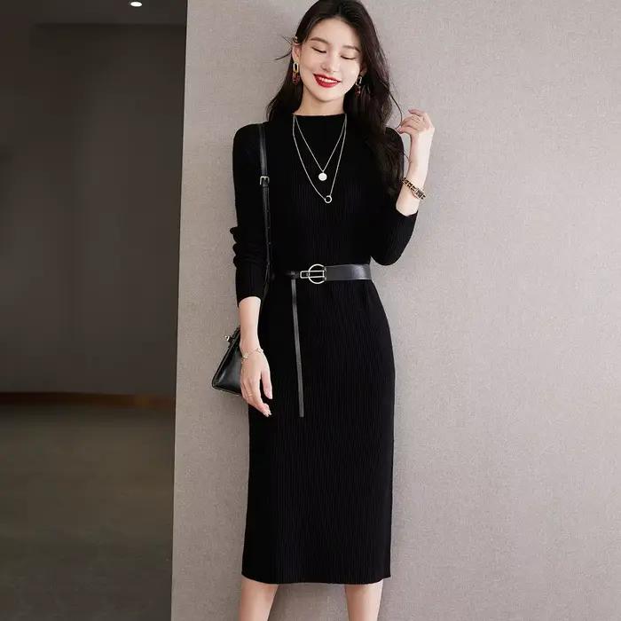 Pull mi-long à col semi-haut pour femme, robe pull, automne, hiver, 2024