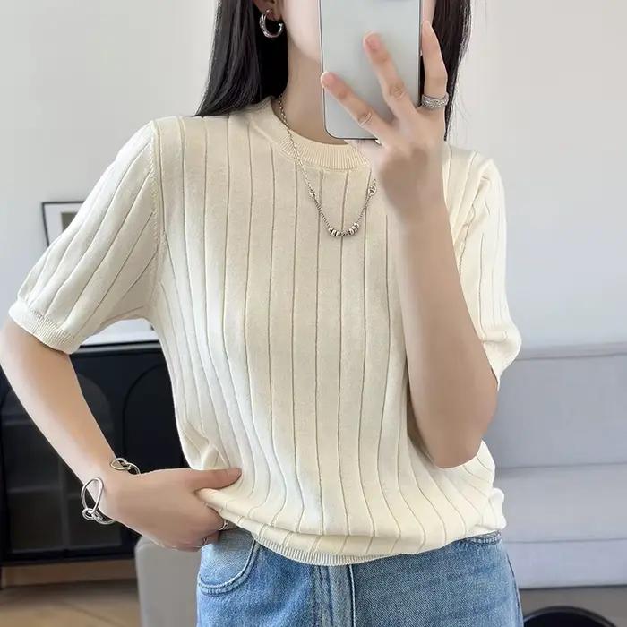 Pulls décontractés 100 % coton pour femmes, en tricot doux, à manches mi-longues, col rond, vêtement