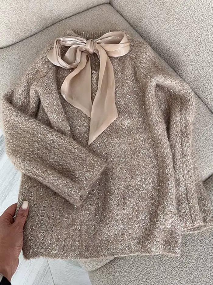 Street Lurex – pull tricoté ample à lacets pour femme, manches longues évasées, manteau assorti avec