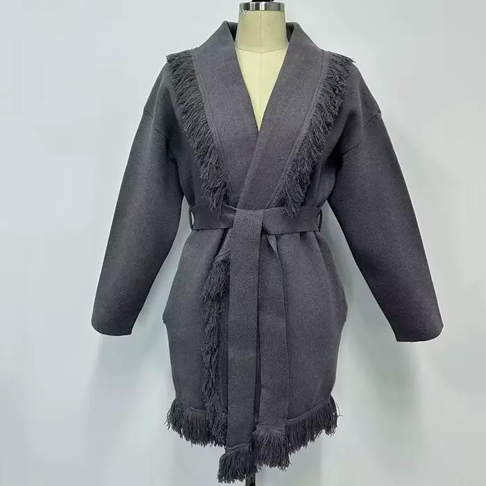 Cardigan long en tricot de laine à franges pour femme, manteau rétro à manches longues à revers ampl