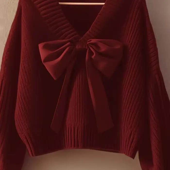 Pull tricoté à col en v et nœud pour femme, haut Premium, Style paresseux, nouvelle collection autom