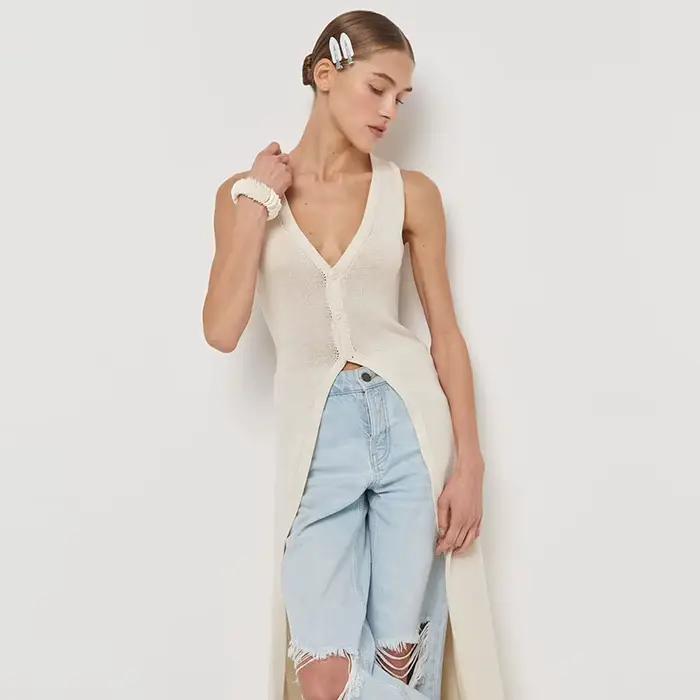 Cardigan Long en tricot sans manches pour femme, col en v, simple boutonnage, couleur unie, fente, h