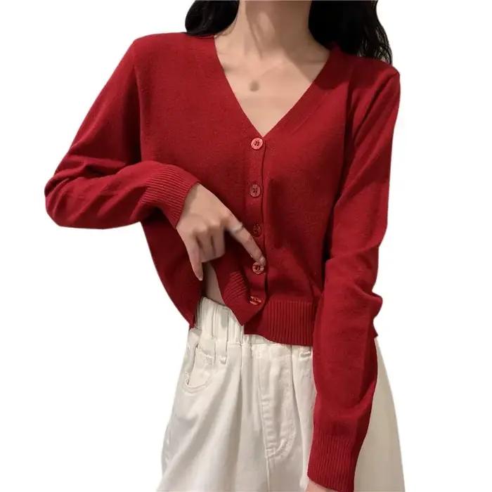 Cardigan court à manches longues pour femmes, col en V, boutonné, tricot, automne et printemps, pull