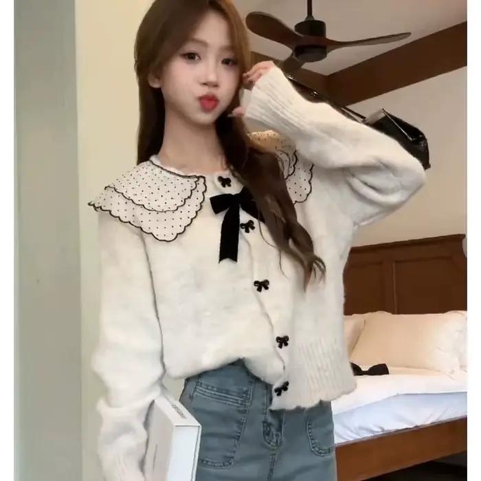 Doux Kawaii chandails femme gris noeud Coquette nuisette haut tricoté Cardigans élégant Style coréen
