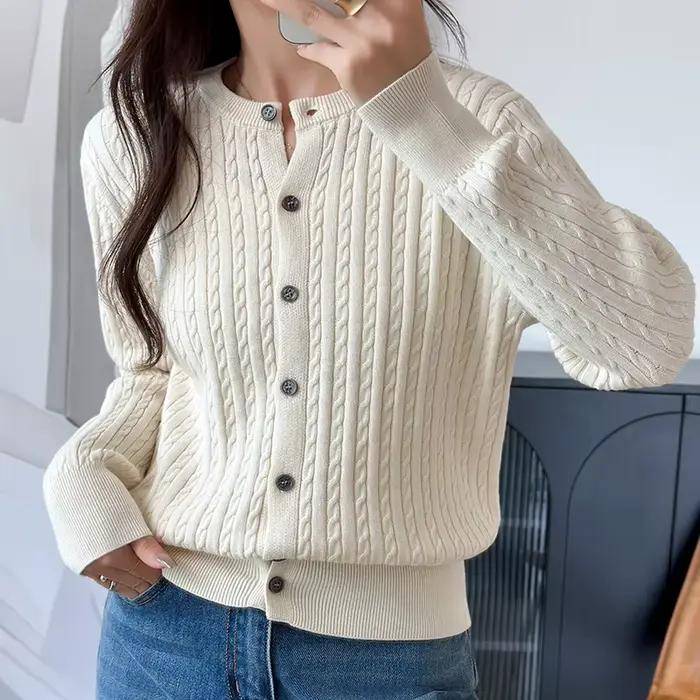 Cardigan tricoté en pur coton pour femme, nouvelle Collection automne hiver 100%, pull torsadé à fle