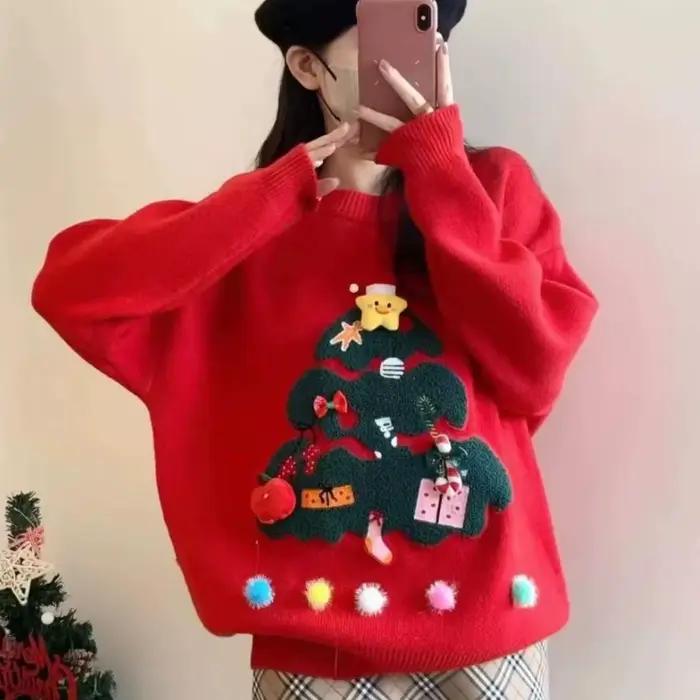 Pull de noël à col rond pour femmes, tricoté, paresseux, industrie lourde, nouvelle collection hiver