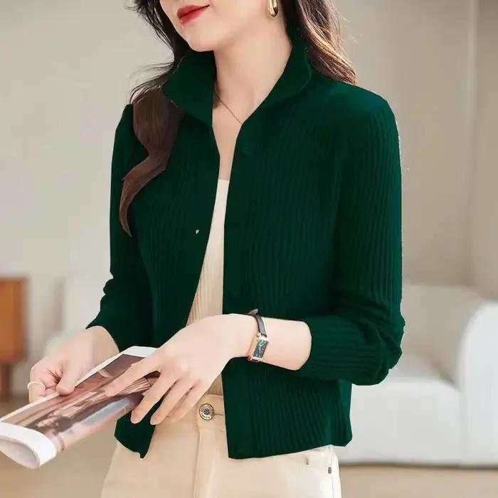 Cardigan en tricot pour femme, vêtement printemps-hiver 2026, nouveau style, col semi-montant, pull 