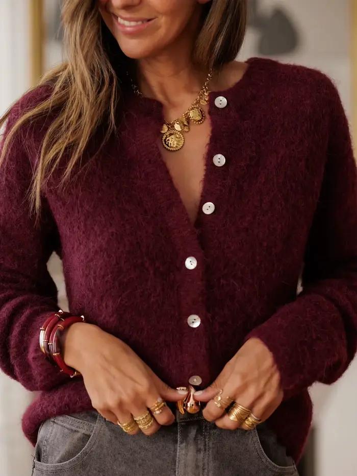 Nouveau pull Cardigan automne/hiver pour femmes, Cardigan en tricot à col rond ajusté bordeaux, déco