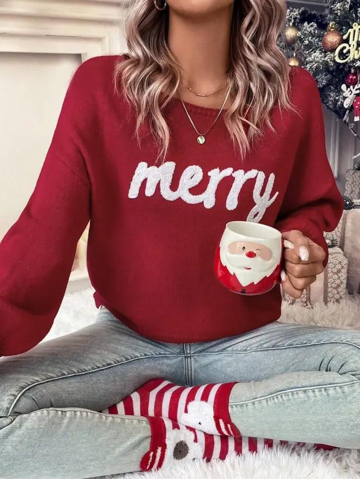 Pull en tricot rouge pour femme, col rond, imprimé lettres, thème Noël, décontracté, pour les fêtes