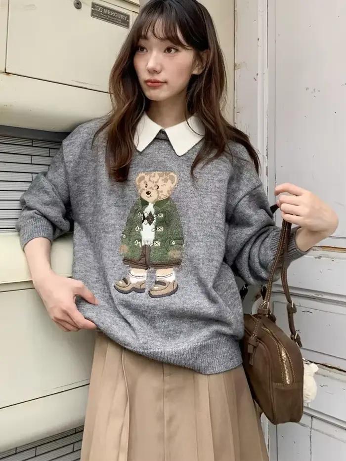 Mode coréenne classique ours pull en vrac hiver automne à manches longues gris hauts mignon dessin a