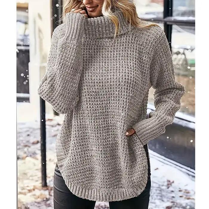 Pull en tricot confortable pour femme, manches longues, col montant, élégant, style automne-hiver