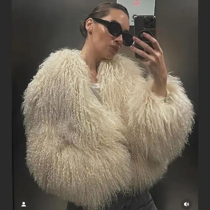 Manteau en fausse fourrure à revers vert pour femme, cardigan moelleux luxueux, vestes à manches lon