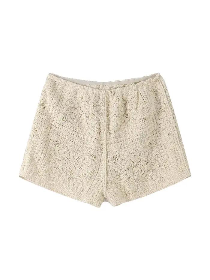 Crochet évider Cardigan Shorts costumes femmes élégant revers à manches longues simple boutonnage ma