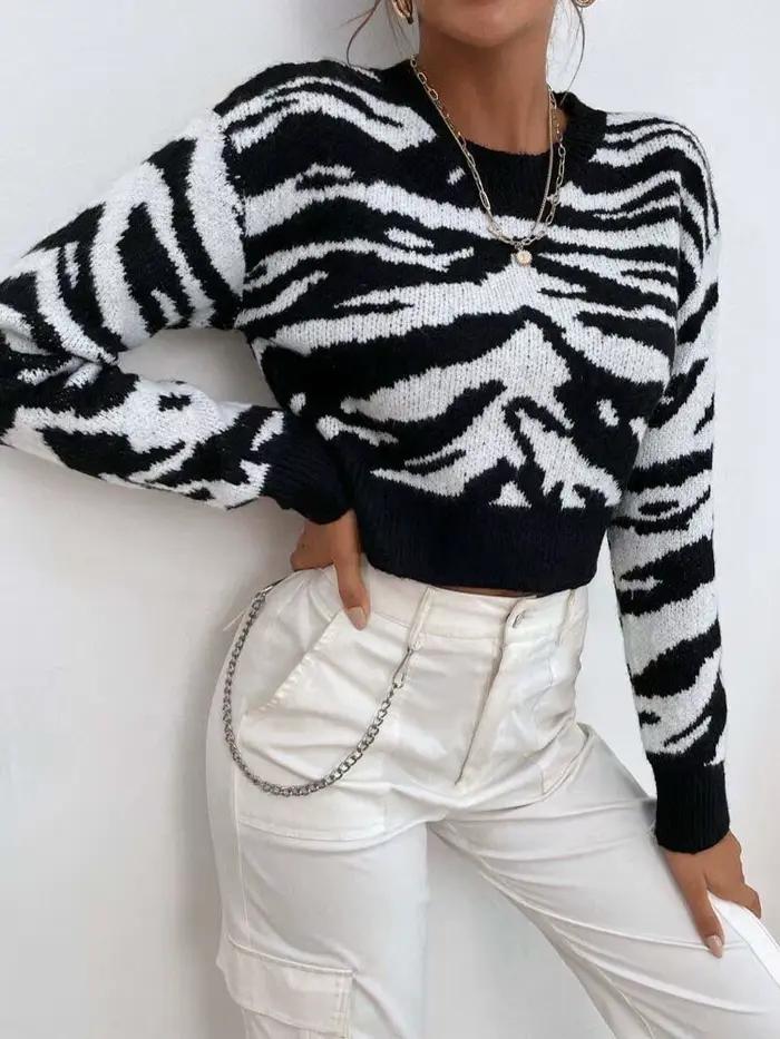 Pull court imprimé léopard pour femme, col rond, tricoté, élégant, mode automne hiver