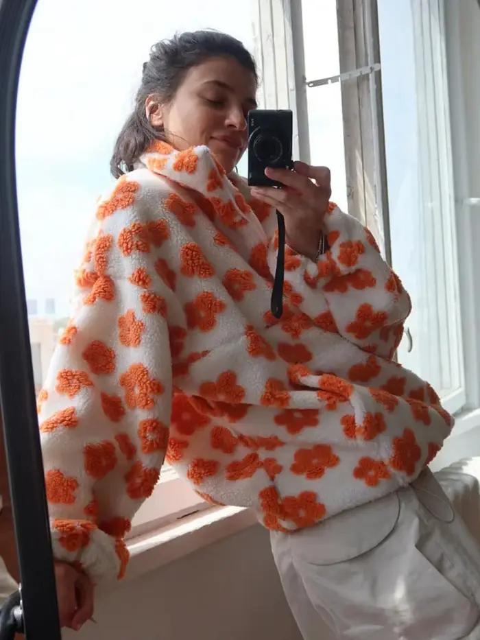 Sweat-shirt à capuche pour femme, pull à fleurs Sherpa, demi-fermeture éclair, coupe ample, chaud et
