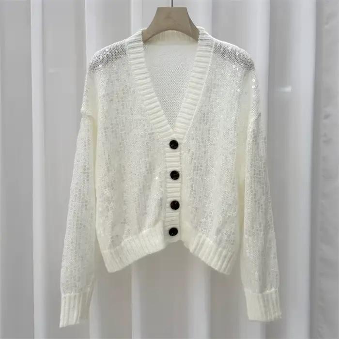 Cardigan pour femmes, tricoté élastique, col en v, haut à manches longues, décoration à paillettes, 