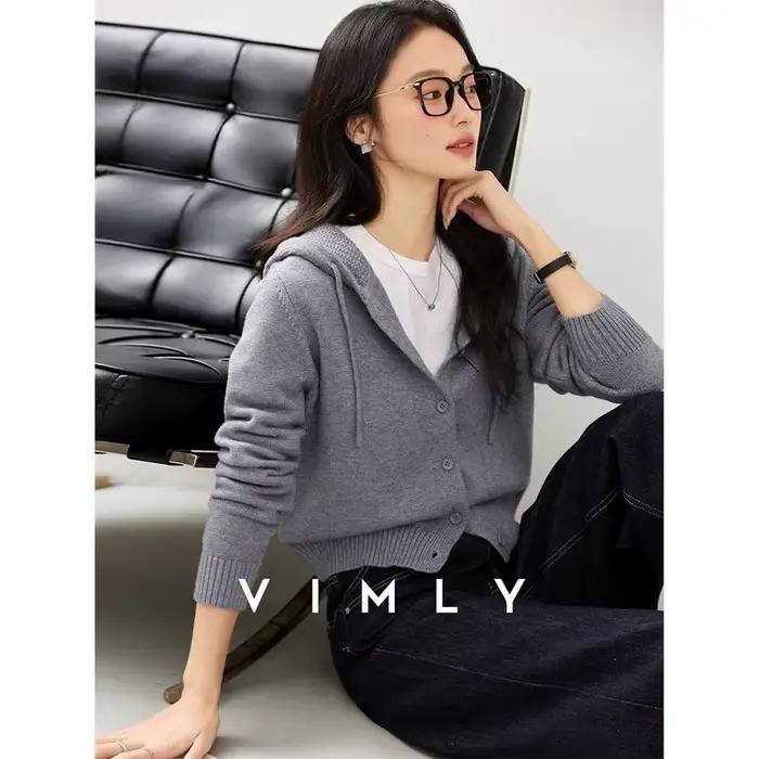 Cardigan à capuche gris en tricot VIMLY pour femme, pull décontracté à manches longues, élégant et c