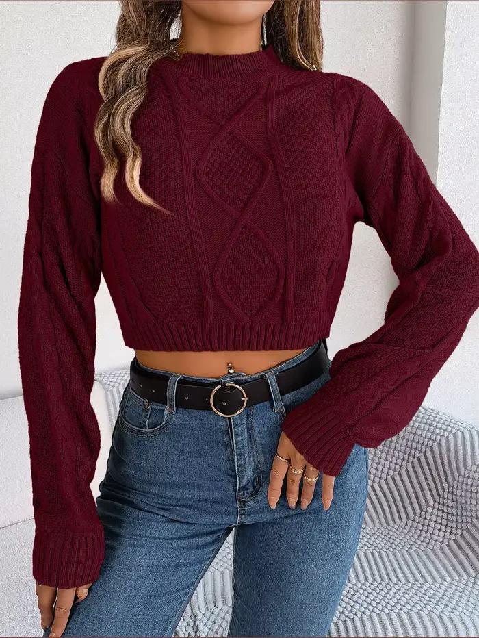 Pull court d'hiver pour femme, couleur unie, manches longues, col rond, pull décontracté, haut en tr