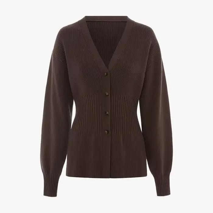 Pull solide pour femmes, col en v, manches longues, simple boutonnage, taille cintrée, Cardigan d'ét