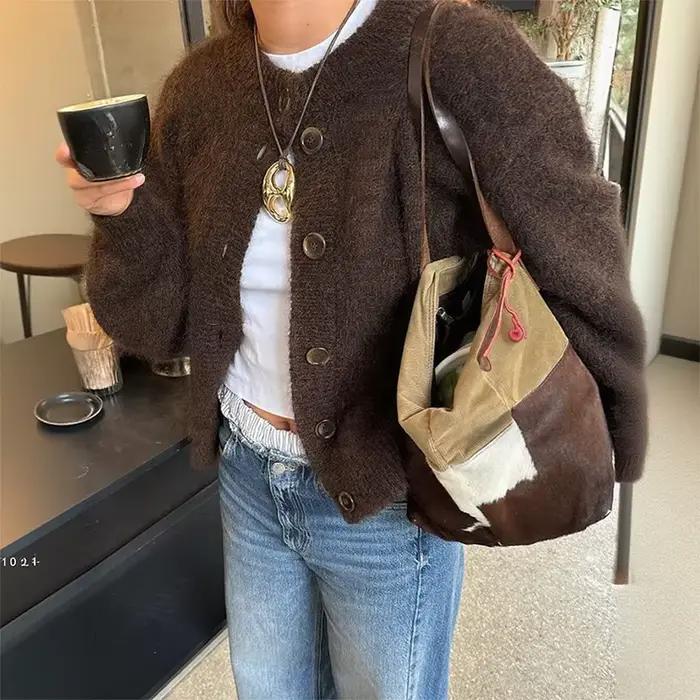 Cardigan en tricot marron pour femme, décontracté, manches longues, col rond, simple boutonnage, tri