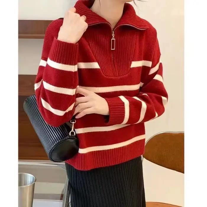 2025 tricoté rayé pull femmes automne-hiver élégant paresseux Style col Zip tricot manteau femmes pu