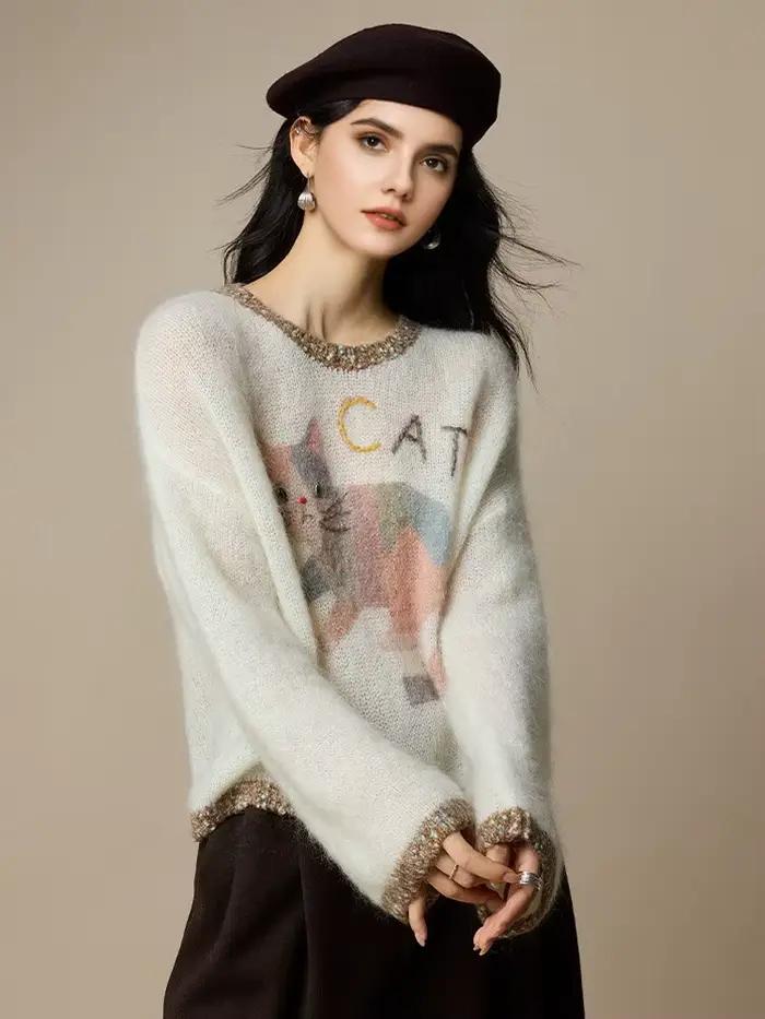 SuyaDream, pulls Mohair pour femmes, pulls imprimés en mélange de laine, col rond, haut à la mode au