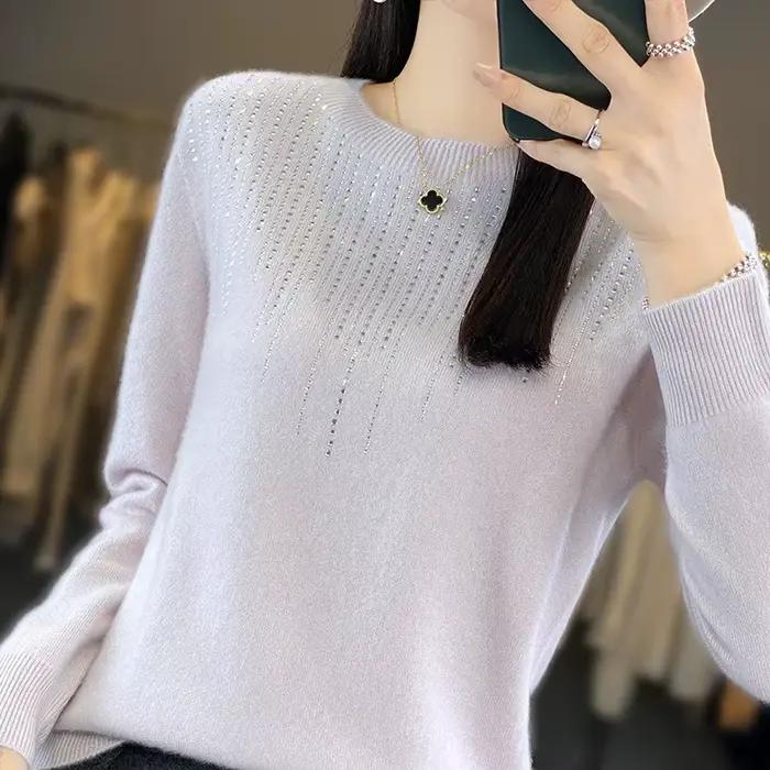 Pull épais et chaud à manches longues pour femme, col rond, paillettes, chemise à fond souple, mode 