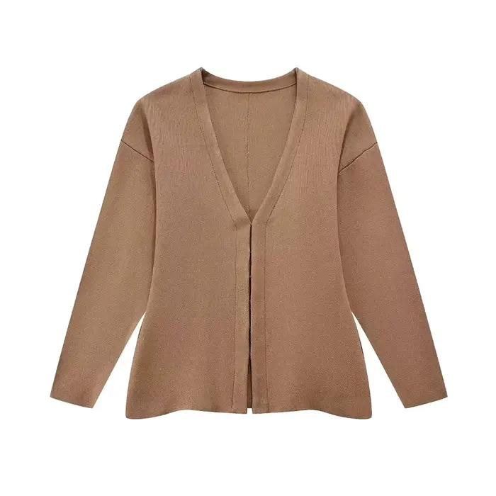 Pull Cardigan en tricot ajusté à crochet sur le devant pour femmes, col en V, manches longues, ourle