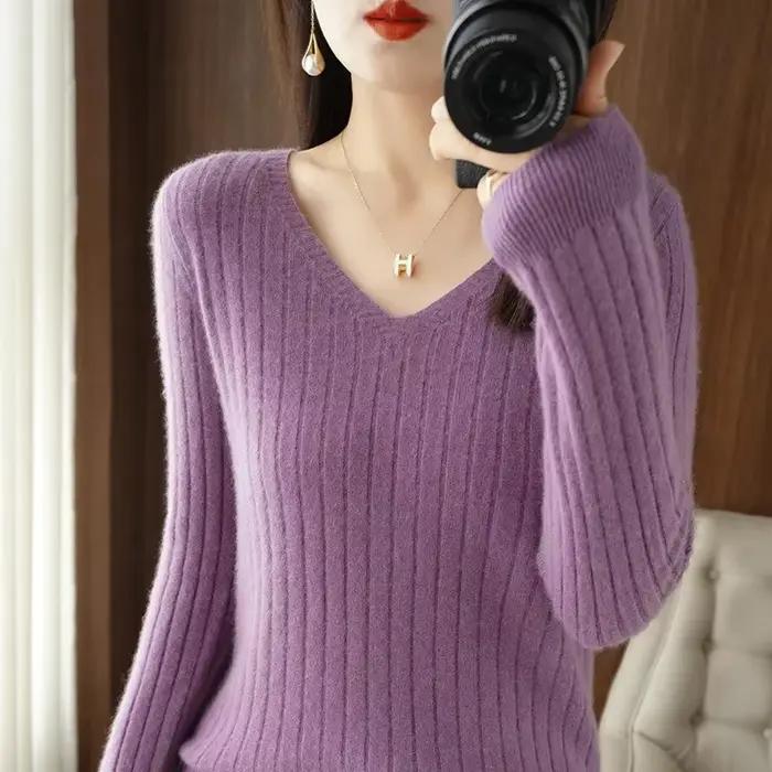 Pull à manches longues pour femme, haut basique chaud, décontracté, col en v, chemises à bascule, mo