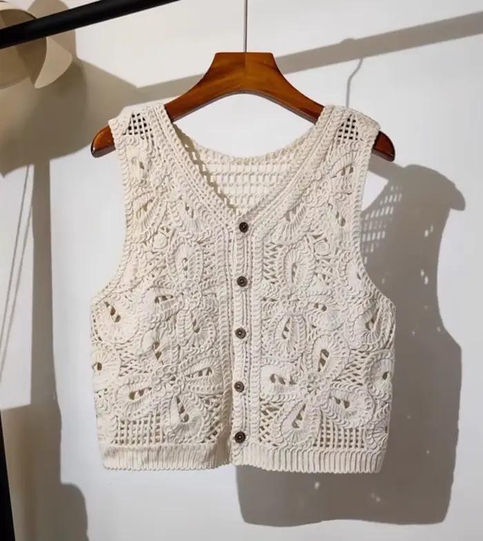 Gilet en tricot épais à fleurs au Crochet, sans manches, ajouré, bouton unique, Cardigan ouvert, hau