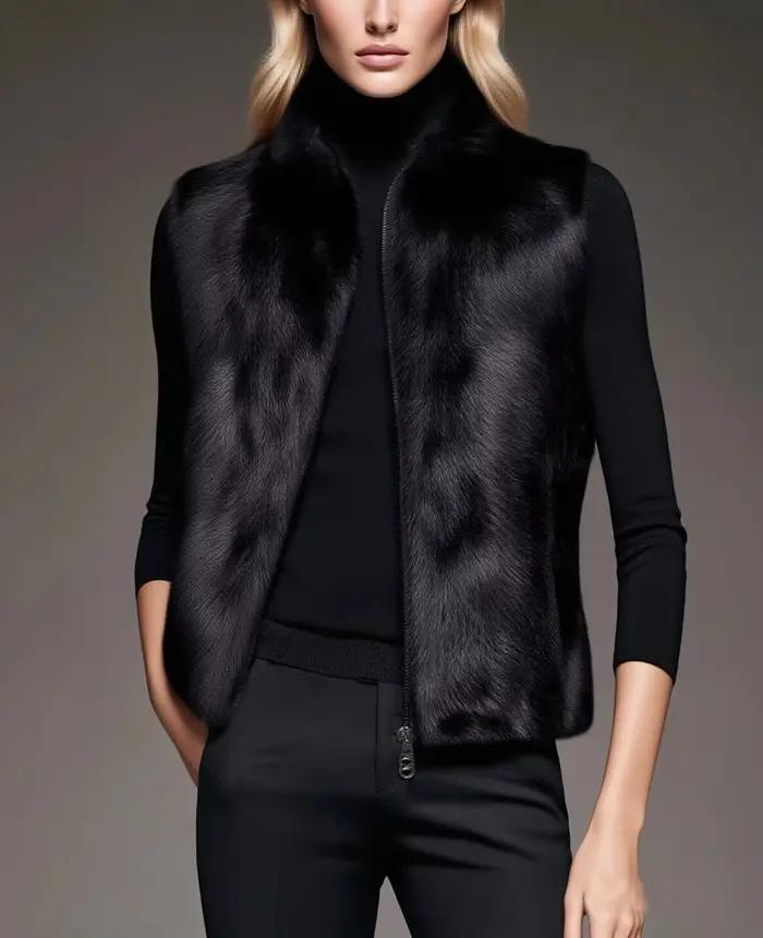 Gilet sans manches en fausse fourrure pour femme, court noir, chaud, à la mode, rembourré, avec ferm