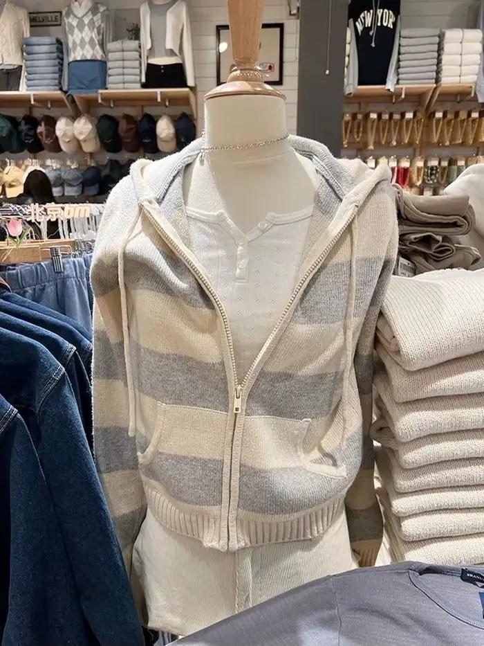 Pull court tricoté rayé pour femme, Cardigan à manches longues, capuche, fermeture éclair, court, St