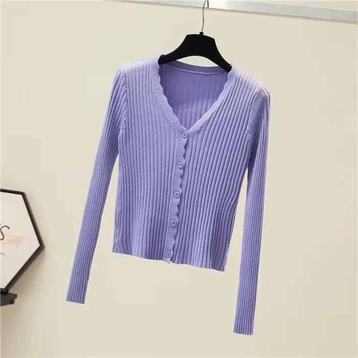 Cardigan côtelé à col rond pour femme, rose pastel et violet, manches longues, coupe ajustée, veste 