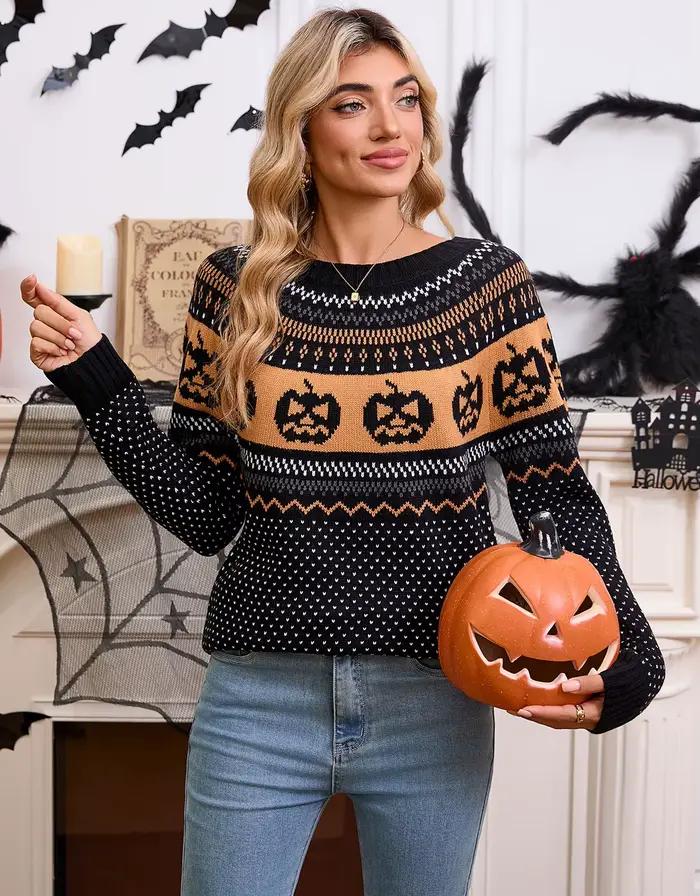 Pull à manches longues pour femme, haut tricoté, Vintage, à pois, avec broderie de citrouille d'hall
