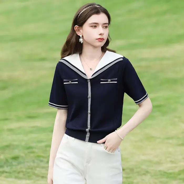 I BELIEVE YOU Pull en maille color-block à col marin pour femme, Nouveauté 2026, style rétro décontr