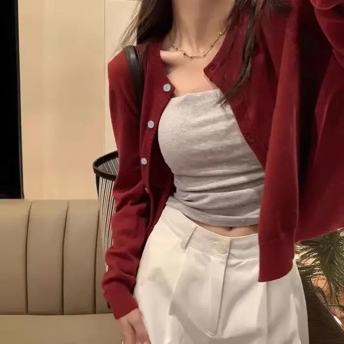 Pull cardigan rouge pour femme, tricot doux, manches longues, boutonné, veste courte, chemisier, hau