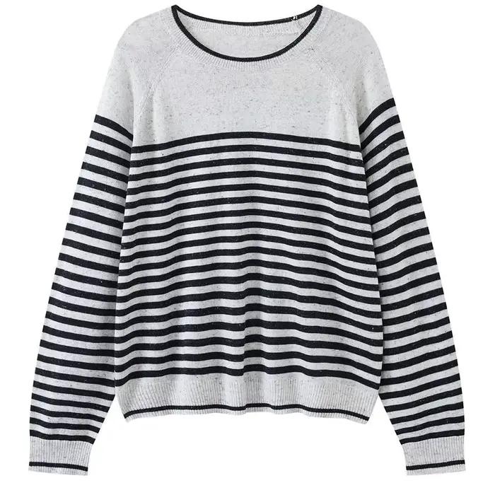 Pull en laine tricoté à rayures fines rétro HanOrange Printemps/Été 2026 pour femme, col rond, coupe