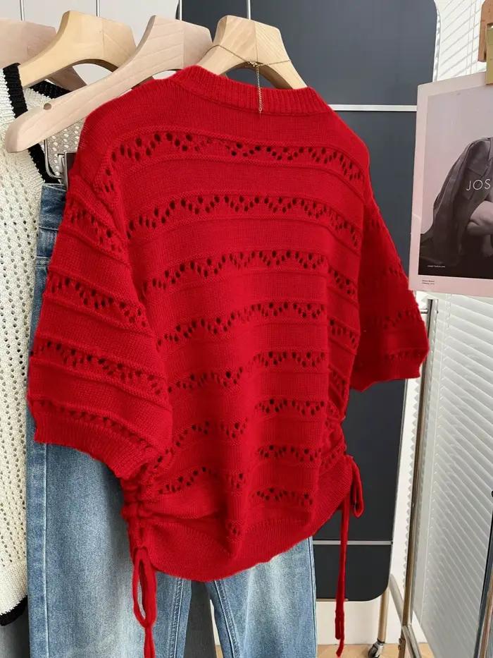 Cardigan en tricot rouge à col rond pour femme, pull d'été ajouré à manches courtes avec cordon de s