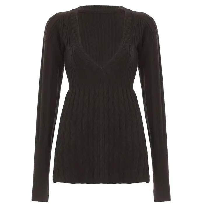 Haut en laine torsadé pour femmes, pull tricoté, col en v coupe basse, manches longues, Style rétro,