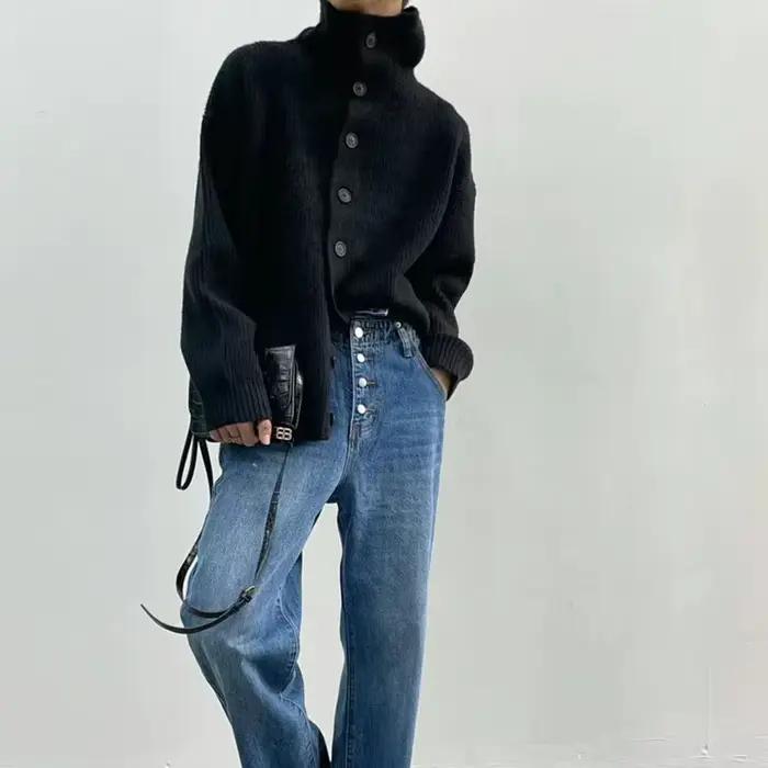 Nouveau pull simple à col roulé pour femme, style streetwear vintage, cardigan ample en tricot, mode