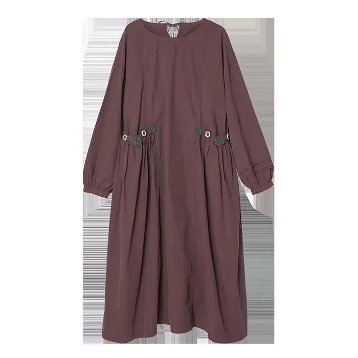 Imakokoni 2025 automne Carmine violet rétro Style littéraire coton lavé à la main-crochet robe mi-lo