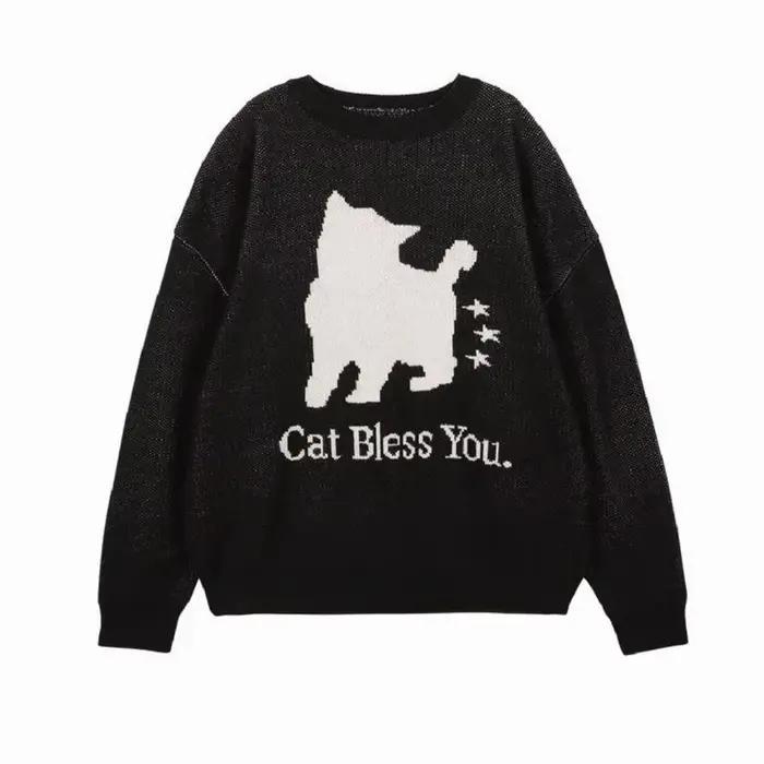 Pull tricoté chat noir pour femmes, série de vêtements chauds et confortables à la mode pour cette s