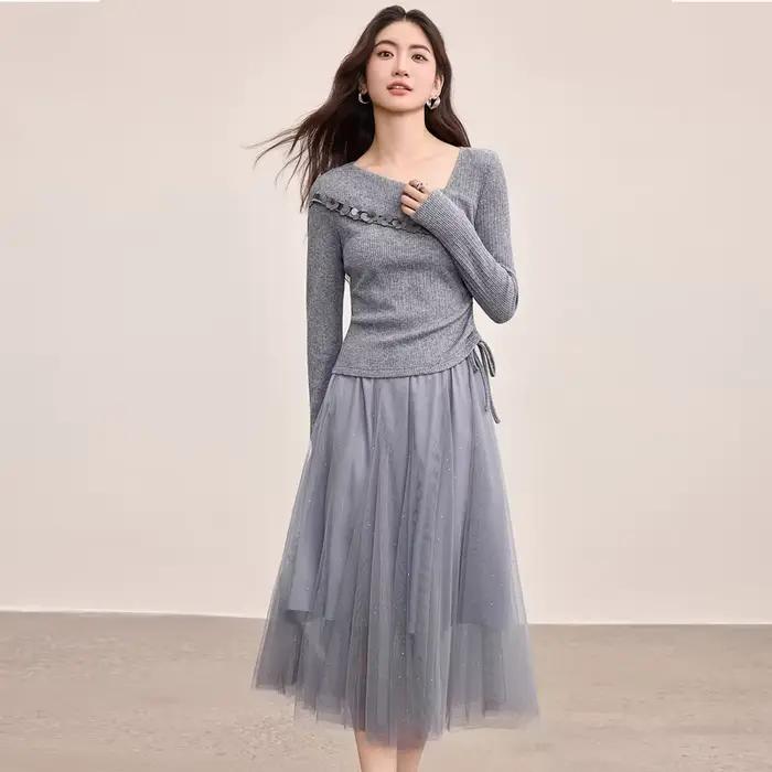 Ensemble jupe et pull à sequins SENTUBILA pour femme, collection automne 2026, col irrégulier, taill