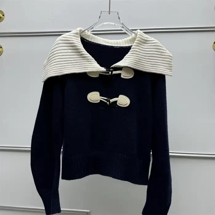 Pull tricoté en laine pour femmes, couleur contrastée, col marin, manches longues, boucle en corne, 