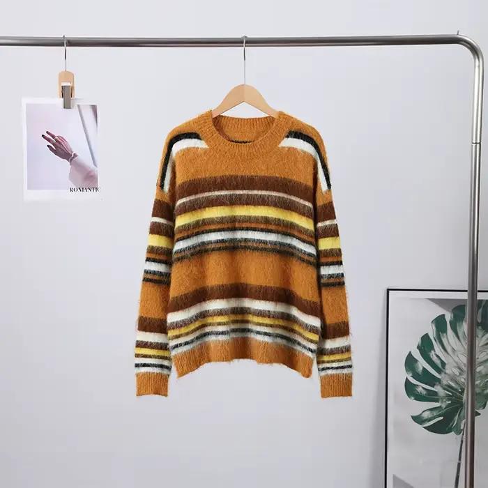 Rétro Mohair rayé pull femmes décontracté en peluche ample col rond manches longues chandails femme 