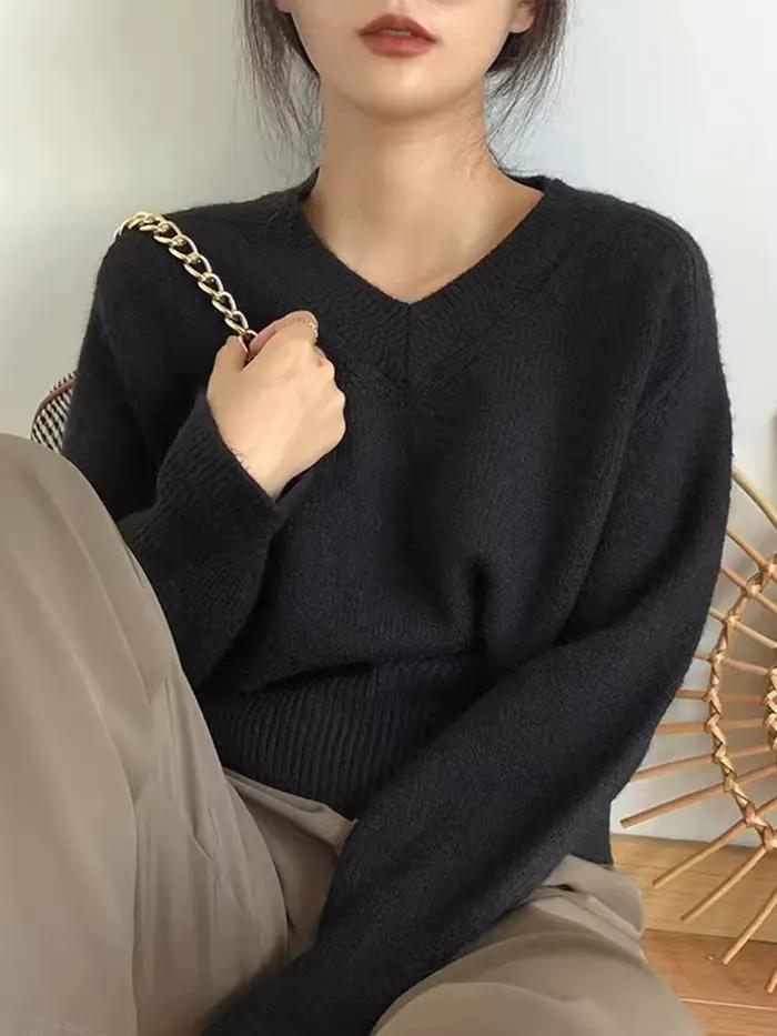 Pull vintage à col en V pour femme, pull monochrome, tricots doux et chauds, jersey, automne et hive