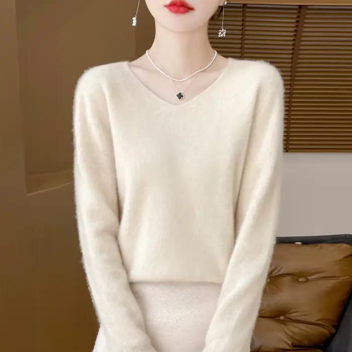 Cardigan col en v couleur unie à manches longues nouveau pull tricoté pour femme