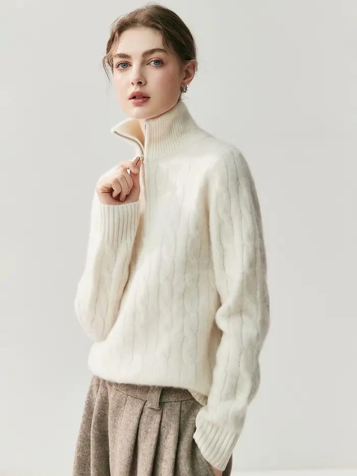Pull en cachemire torsadé Huashan pour femme, col montant, demi-fermeture éclair, tricoté, chaud, au