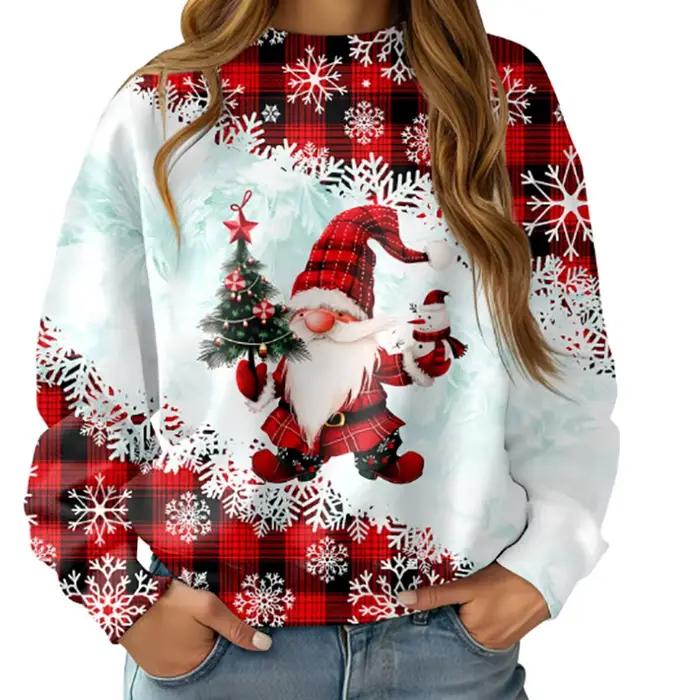 Chemise pull rouge de noël pour femmes, vêtements de sport, vacances, imprimé bonhomme de neige, flo